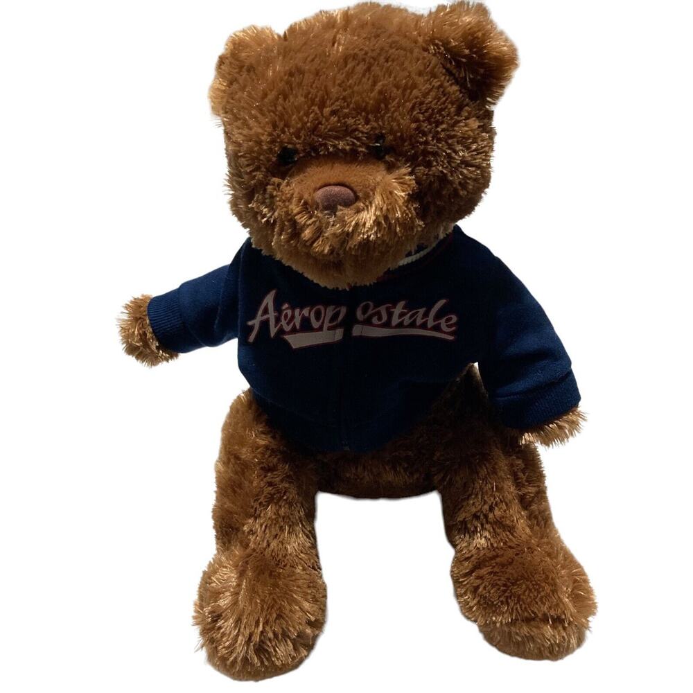 AEROPOSTALE‎ Brown Teddy Bear Blue Zip Up Varsity Jacket plush Stuffed Animal